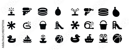 Black and white summer icons: water gun, pool, bucket, duck, boat, slide