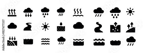 Collection of weather and nature icons including clouds, sun, and rain symbols