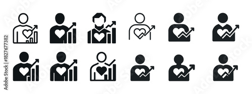 Set of black heart and graph icons illustrating health and fitness progress
