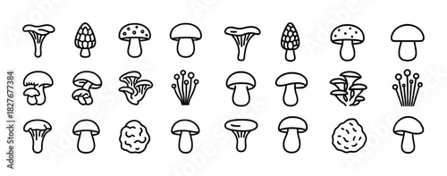 Collection of black and white mushroom icons in various styles