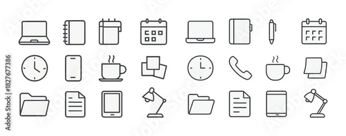 Office icons set: laptop, calendar, clock, folder, coffee cup, phone, tablet, lamp