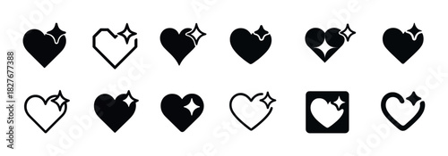 Set of sparkling heart icons in various styles
