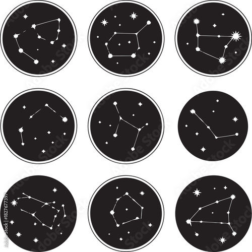 Collection of celestial constellations in circular frames against a black background