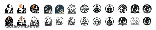 Silhouette nature icons with meditation and night themes