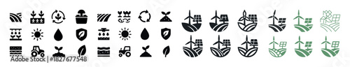Eco-friendly agriculture icon set featuring renewable energy, growth, and sustainability