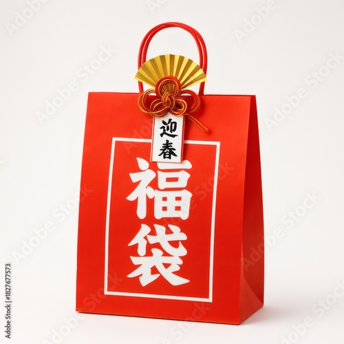 迎春飾り付きの赤い福袋・新年ギフトイメージ/Red New Year Lucky Bag with Festive Decoration