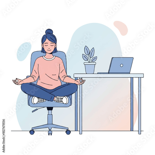 Mindful businesswoman finding inner peace at office desk, practicing meditation for stress relief and relaxation during a busy workday. Creating work-life balance with a quick mental break