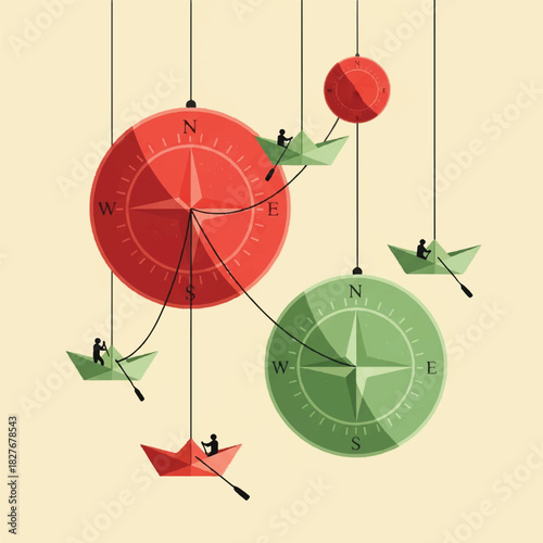Creative abstract illustration of navigating a journey with teamwork, paper boats following compasses for guidance and direction