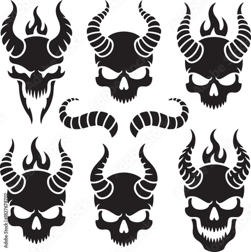 Collection of demonic skull illustrations with horns and flame design