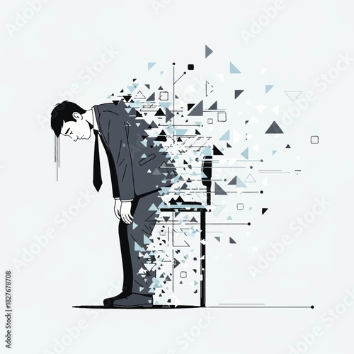 Conceptual illustration of a businessman experiencing severe mental breakdown and professional burnout, his figure dissolving into abstract digital particles, symbolizing overwhelming work pressures