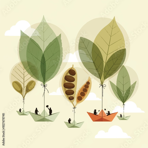 Whimsical journey of growth Tiny adventurers navigate a dreamlike sky, sailing beneath giant floating leaves and open seed pods, symbolizing new beginnings and exploration in nature