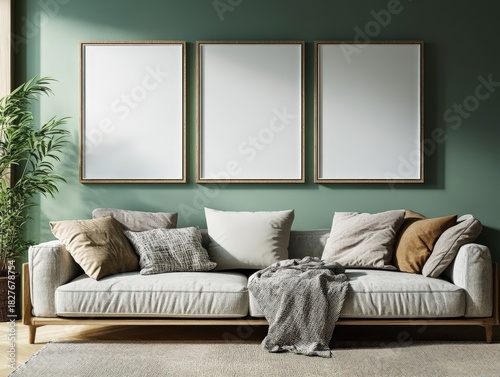 A contemporary living room featuring a cozy sofa adorned with various cushions, set against a green wall with three empty picture frames and a plant.