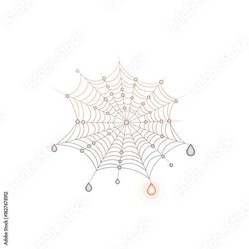 Intricate Spider Web with Dew Drops and Glowing Orb Magical Design