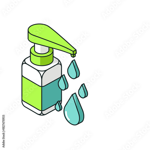 Isometric Hand Sanitizer Dispenser with Droplets Line Art Illustration