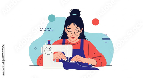 Creative woman sewing with sewing machine in cozy studio, perfect for illustrating crafting skills, handmade gifts, and the joy of creative expression