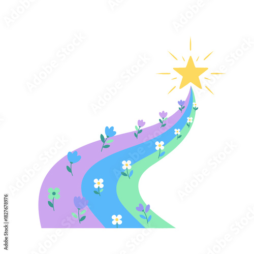 Magical Pathway to Dreams with Shimmering Star and Colorful Flowers
