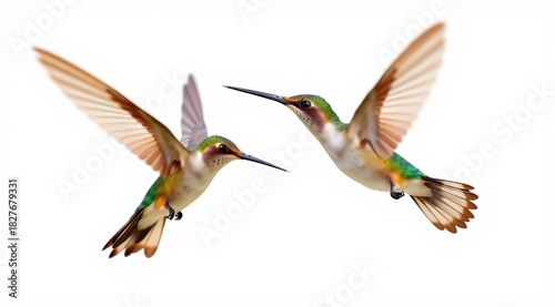 Two hummingbirds in flight on a white background. Bright feathers and blurred wings convey speed. Perfect for nature and wild life themes