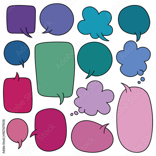 Hand-drawn cartoon set of colored speech bubbles on a white background.