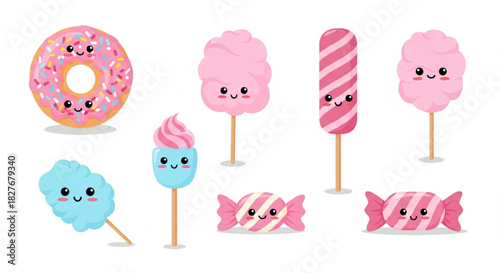 Delightful sweets collection with donut, cotton candy, lollipop, cupcake, and candy characters, perfect for adding a cute touch to your designs