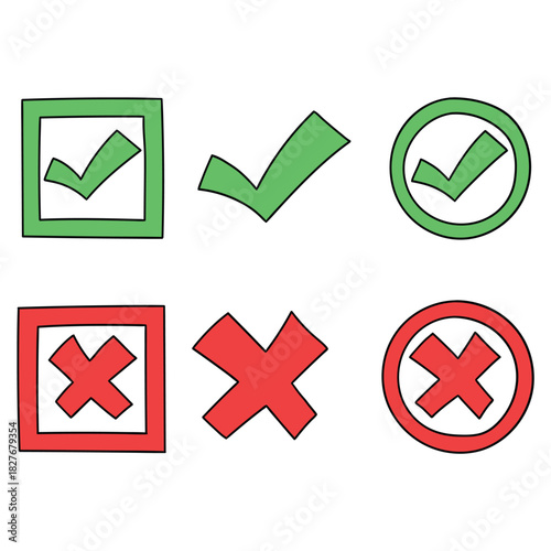 Hand-drawn cartoon set of green check marks and red crosses on a white background.