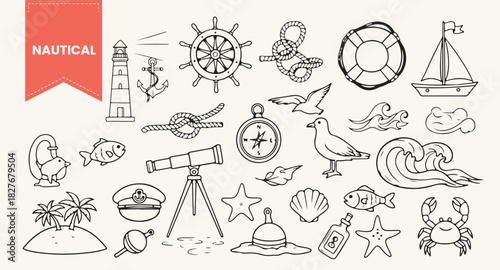 Hand Drawn Nautical Vector Set | Vintage Outline Collection of Marine and Sea Voyage Elements | Sketch Icons of Ship Wheel, Lighthouse, Anchor, Compass, and Sea Life for Summer Design.