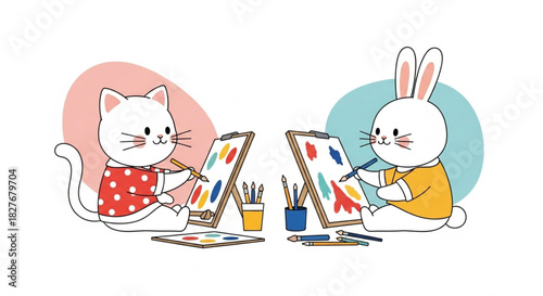 Adorable cat and bunny painting colorful artwork together in a cheerful studio for children's book illustrations and playful educational materials