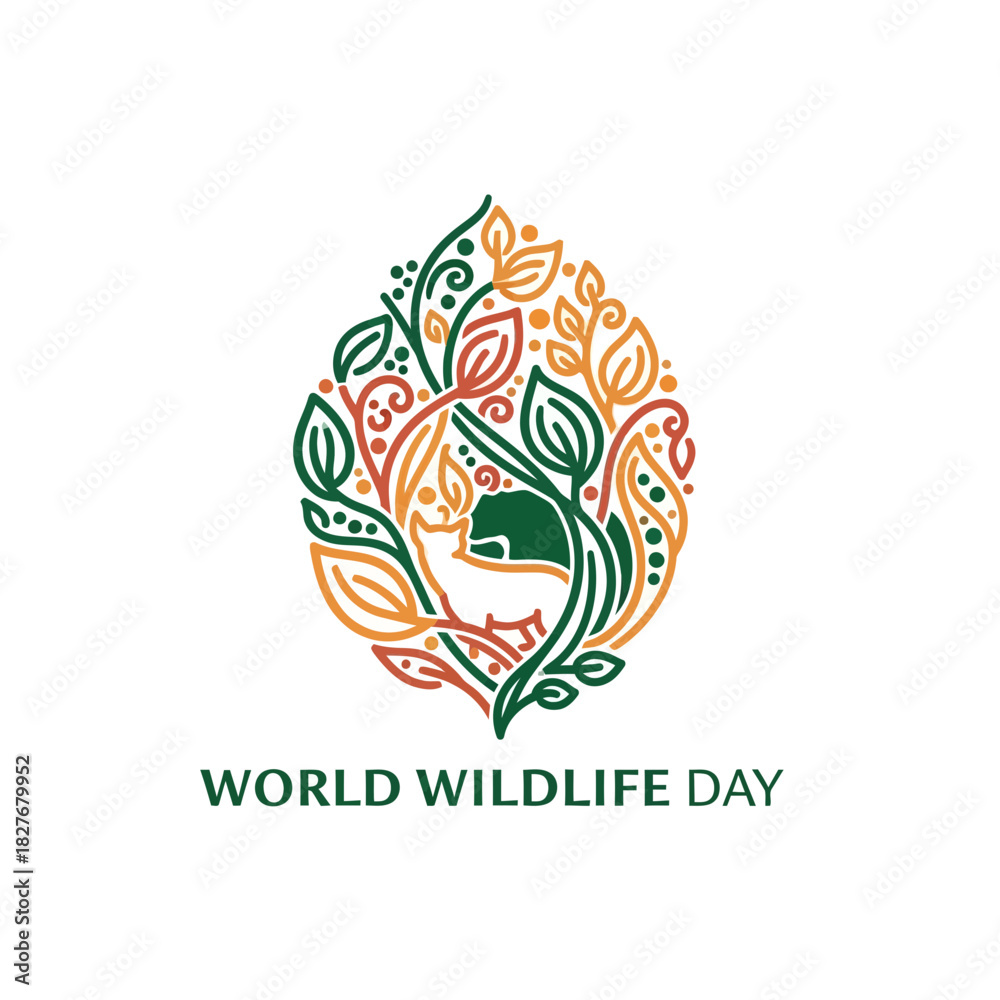 Obraz premium World Wildlife Day Concept Lion Face in Leaf Shape Line Art