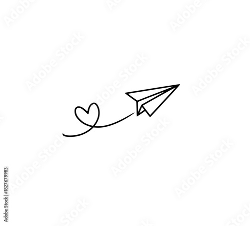 Paper airplane flying with love, minimalist style design for cards and invitations