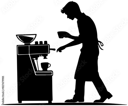 Barista Making Coffee with Machine Silhouette – Vector Illustration