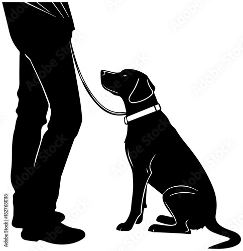 Person Standing with Sitting Dog on Leash – Vector Illustration