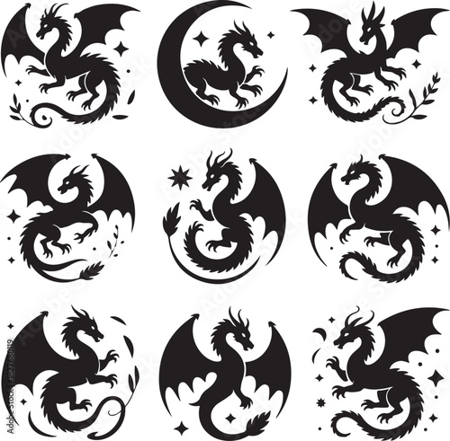 Collection of dragon illustrations in various poses on white background
