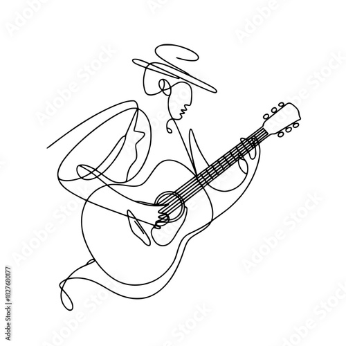 Musician plays guitar with cool hat, continuous line art music performance passion