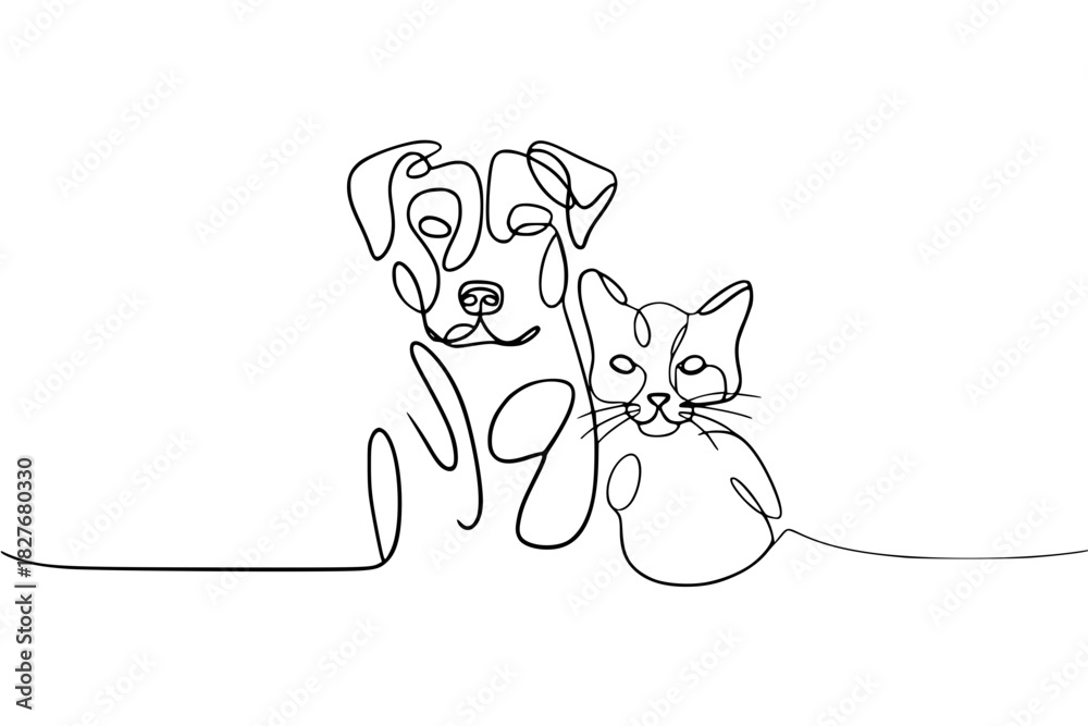 Fototapeta premium Dog and cat line art drawing, modern pet portrait, minimalist design, animal friendship