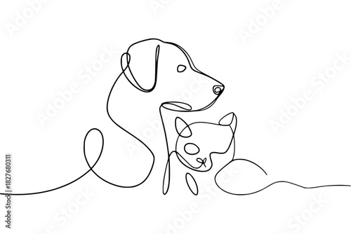 Lovely single line art of a dog and cat together, capturing friendship and pet love