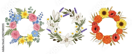 Three floral wreaths with roses, lilies, sunflowers, poppies, and greenery isolated on white background for wedding invitations and greeting cards