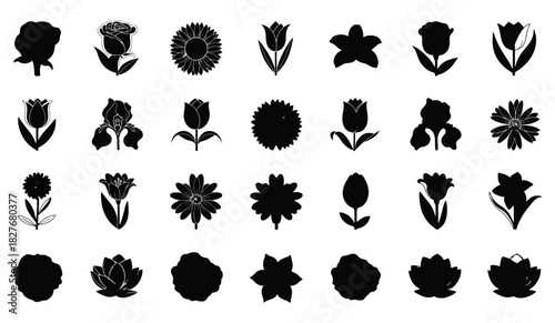 Collection of flower silhouettes isolated on white background, showcasing a variety of floral shapes and designs for botanical or decorative use