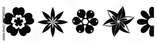 Collection of five different flower shapes isolated on white background, each with unique petal arrangements and central designs in black and white