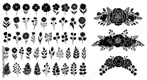 Set of floral silhouettes isolated on white background, featuring various flowers, leaves, and decorative elements for design projects and decorations