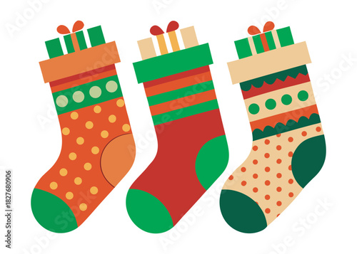 Set of three Christmas stockings in red, green and orange with different patterns on beige background, festive holiday decoration. Flat vector illustration logo icon on white background