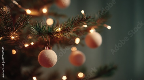 Christmas tree branch decorated with glowing warm lights and a soft fuzzy ornament