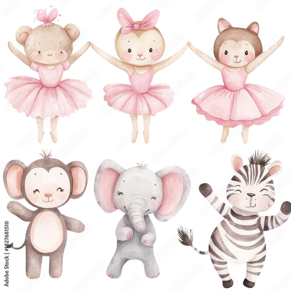 Fototapeta premium Six adorable animal characters in ballet outfits performing joyful dance moves in soft pastel shades.