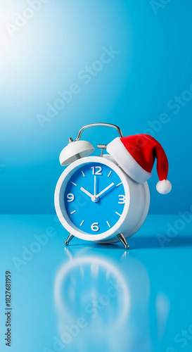 White alarm clock with blue face and red Santa hat on blue background, representing holiday season, countdown, and festive time management concepts