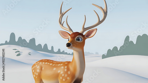 Cute Cartoon Deer Standing in Winter Snowy Landscape — 3D Illustration