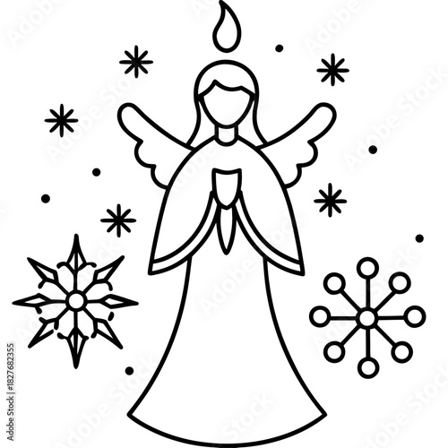 Elegant Christmas Angel Illustration with Snowflakes and a Guiding Candle Flame Design