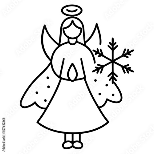 Elegant Christmas Angel Line Art with Snowflake for Holiday Season Decorations