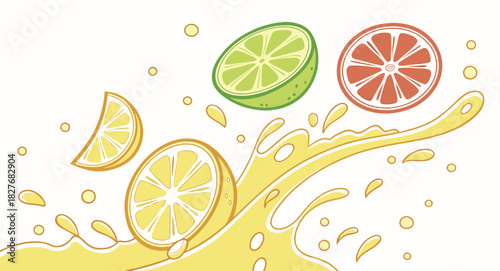 Citrus fruits splashing into juice with a vibrant and refreshing design
