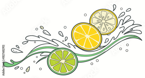 Fresh citrus fruit slices and water splashes illustration