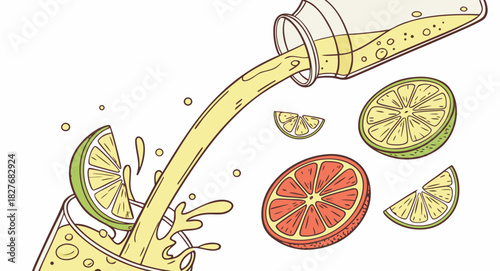 Freshly squeezed juice pouring from bottle into glass with citrus fruit slices