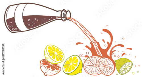 Refreshing drink pouring from a bottle onto sliced citrus fruit