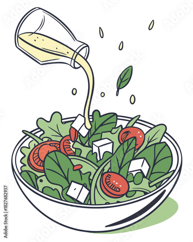 Fresh salad with dressing being poured